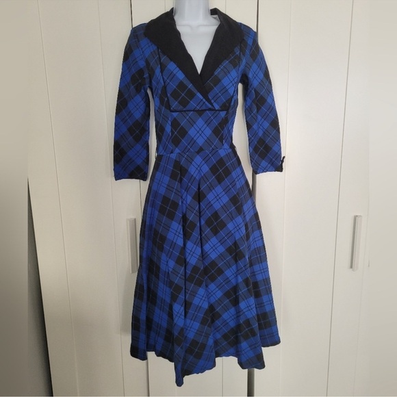 Rare NWOT Unique Vintage Trudy Dress Blue & Black Plaid Tartan - Picture 2 of 11